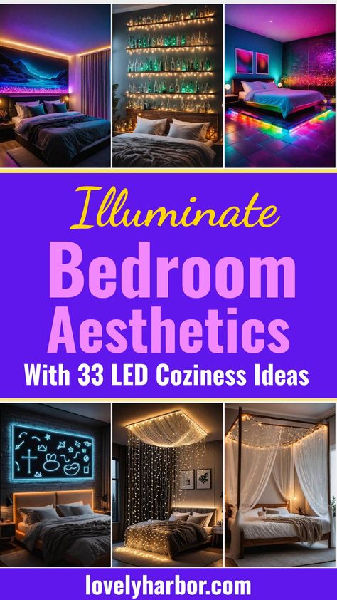 Transform your sleep space with these 33 chic and cozy LED aesthetic ideas for bedrooms. Discover lighting inspiration, minimalist designs, mood-boosting setups, and modern bedroom ideas that elevate nighttime vibes. Perfect for home decor enthusiasts seeking a stylish glow-up. #HomeDecor #BedroomIdeas #LEDLighting Teenage Boys Bedroom Led Lights, Bedroom Vibes Aesthetic Led, Diy Bedroom Lighting Ideas Ceilings, Led Cloud Lights Bedroom, Unique Bedroom Lighting Ideas, Floating Bedroom Ideas, Black Light Bedroom Ideas, Bedroom Led Lights Aesthetic, Hanging Led Lights In Bedroom