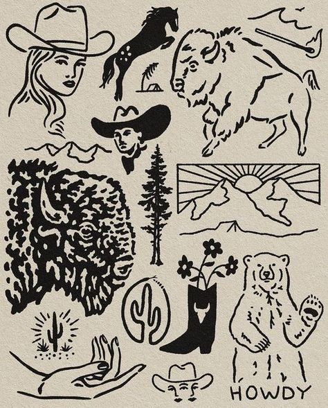 Sam Larson, Creative Business Logo, Cowboy Tattoos, Affiches D'art Déco, Western Tattoos, Handpoke Tattoo, Geniale Tattoos, Cowboy Art, Tattoo Flash Art