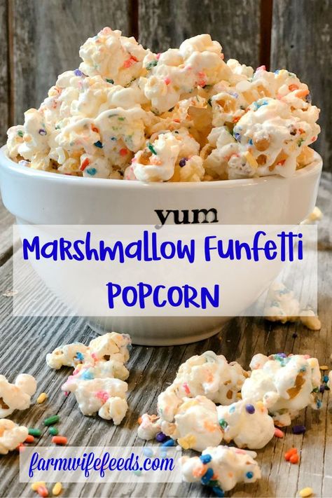 Funfetti Popcorn Recipes, Funfetti Popcorn, Marshmallow Popcorn Balls, Marshmallow Popcorn, Salty Sweet Snacks, Popcorn Mix, Funfetti Cake Mix, Popcorn Treats, Chocolate Popcorn