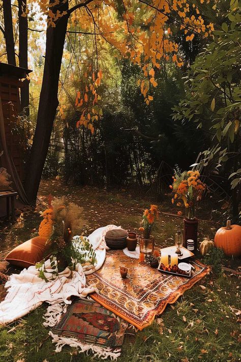 Enchanting outdoor picnic setup with fall-themed decor in a garden. Garden Picnic Aesthetic, Fall Picnic Food, Garden Aesthetics, Aesthetic Picnic, Fall Picnic, Picnic Aesthetic, Picnic Essentials, Garden Picnic, Autumn Activities For Kids