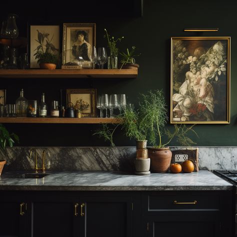 Moody Kitchen Open Shelves, Kitchen Dark Marble Countertops, Moody Kitchen Art, Kitchen Aesthetic Vintage Dark, Dark European Kitchen, Moody Kitchen Counter Decor, Moody English Kitchen, Dark Marble Kitchen Countertops, Moody Mid Century Modern Kitchen