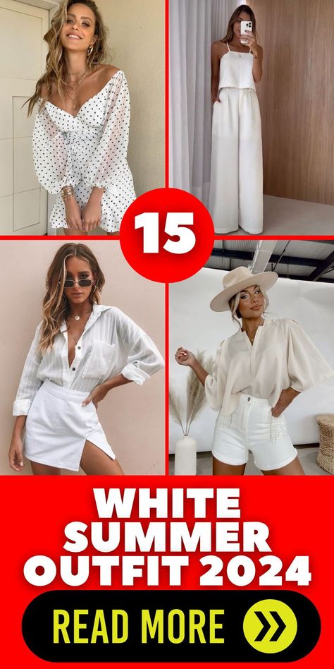 Make a stylish statement this summer with a white outfit that's on-trend for 2024. Ideal for parties, beach gatherings, or simply soaking up the sun, this ensemble radiates effortless charm and sophistication. Complete your look with accessories and embrace the season's laid-back vibes White Cruise Outfits, White Beach Outfit, Dress Code For Women, Summer Birthday Outfits, Hot Weather Outfits, White Party Outfit, White Summer Outfits, Outing Outfit, Fall Style Guide