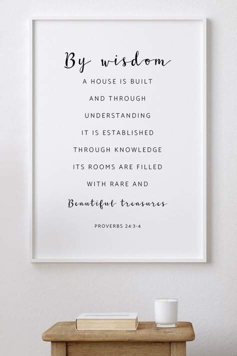 By Wisdom A House Is Built, Proverbs 24:3-4 Poster Bible Verse Accent Wall, Bible Verse Wall Decor Living Room, Proverbs 24:3-4, Framed Bible Verses Wall Art, Christian Decor Ideas Wall Art, Bible Verse Frame, Bible Verse For Business, Wall Art Bible Verses, Homeschool Room Design