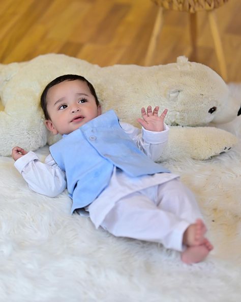 Cuteness Overloaded! 🩵 Behraam for Little & Loom He is wearing our white kurta trouser paired with sky blue waistcoat. Place your order on our website for timely delivery before Eid. Blue Waistcoat, Eastern Wear, White Kurta, Place Your Order, Wearing Clothes, Cuteness Overload, Sky Blue, 3 Piece, Loom