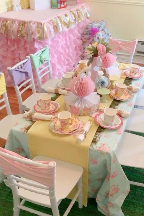 Take a look at this pretty floral tea party birthday! The table settings are beautiful! See more party ideas and share yours at CatchMyParty.com Tea For Two Birthday Party Ideas Table Settings, Te Party Birthday, Tea Party Decorations Kids, Four Year Old Tea Party Birthday, Baby Doll Tea Party Birthday, Pink And Blue Tea Party, Tea Party Balloon Decorations, Time Four Tea Birthday Party, Kids Tea Party Ideas Decoration