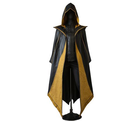 The Pure Yellow and Black Leather Hooded Cloak is a stunning handmade piece perfect for winter. Crafted from high-quality black leather with striking yellow accents, this cloak is designed to keep you warm while adding a touch of medieval flair to your wardrobe. Ideal for Halloween cosplay or as a unique gift, it includes a matching vest for added style and functionality. This cloak combines durability and elegance, making it a versatile addition to any costume collection or as a statement piece Winter Cloak, Medieval Cloak, Black Cloak, Cape Designs, Hooded Cloak, Steampunk Clothing, Costume Collection, Story Characters, Fantasy Armor