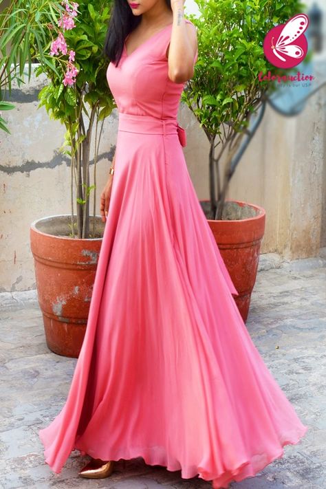 Pink Double Flair Padded Long Dress - Women Pink Dresses Online | Colorauction Pakistani Long Dresses, Pink Dresses Online, Frocks And Gowns, Mehndi Outfits, Designer Anarkali Dresses, Gown Party Wear, Long Gown Design, Simple Gowns, Frock For Women