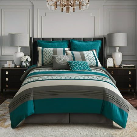 This beautiful 8-Piece bedding set is loaded with value and design. The fusion tile design is popped with a peacock teal color, accented with light and dark grey tones. A modern upscale look with refined features to please a masculine or feminine eye. Dimensions: 1 Comforter 104 inches x 92 inches, 2 standard shams 20 inches x 36 inches, 2 Euro shams- 26 inches wide x 26 inches, 1 Bedskirt 72 inches x 84 inches with 15-inch drop, and 2 Decorative Pillows Set Includes: (1) Comforter, (2) Shams, ( Teal Comforter, Peacock Teal, Jacquard Bedding, Grey Comforter Sets, Bedding Sets Grey, Bedroom Retreat, King Comforter Sets, Bed Skirt, Queen Comforter Sets