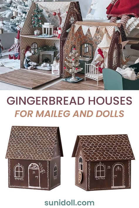 Maileg gingerbread houses - cardboard dollhouses that fold up for storing away. Maileg Gingerbread House, Gingerbread Dollhouse Diy, Christmas Dollhouse Ideas, Christmas Dollhouse Diy, Gingerbread Dollhouse, Maileg Mouse House, Maileg Dollhouse, Maileg Doll House, Cardboard Gingerbread House