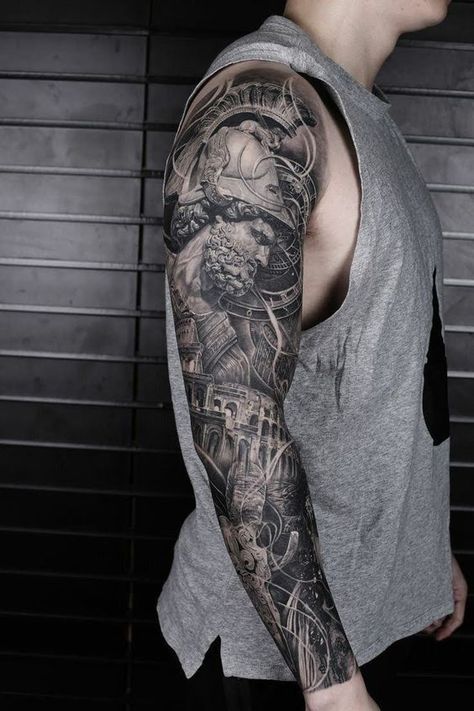 Unique Men's Full Sleeve Tattoos: 2024’s Top Designs & Styles Realistic Full Sleeve Tattoo, One Arm Sleeve Tattoo Men, Full Sleeves Tattoos For Men, Roman Sleeve Tattoo Men, Mens Black And Grey Sleeve Tattoo, Full Sleeve Black And Grey Tattoo, Greek God Tattoo Sleeve Men, Men Greek Tattoos, Greek Mythology Full Sleeve Tattoo