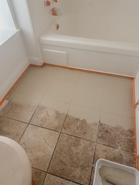 Floor Paint to Update Dated Tile the Easy Way - The Home and Habit Rustoleum Floor Paint, Painting Ceramic Tile Floor, Painted Bathroom Floors, Painting Bathroom Tiles, Small Bathroom Paint, Tile Floor Diy, Floor Makeover, Painted Bathroom, Painting Tile Floors