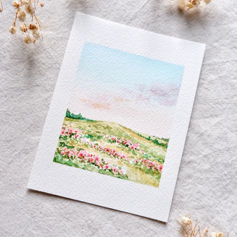 Mini Watercolor Landscape Paintings, Wildflower Field Watercolor, Watercolor Art Flower Field, Flower Field Painting Watercolors, Watercolour Field Of Flowers, Watercolor Landscape Flowers, 5x7 Watercolor Painting, Summer Paintings Watercolor, Flower Landscape Watercolor