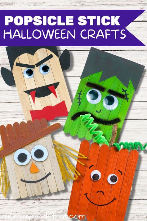 Popsicle Stick Halloween, Popsicle Sticks Halloween Crafts, Cute Halloween Characters, Popsicle Stick Crafts For Kids, Halloween Pizza, Scarecrow Crafts, Stick Wall Art, Hallowen Ideas, Popsicle Crafts