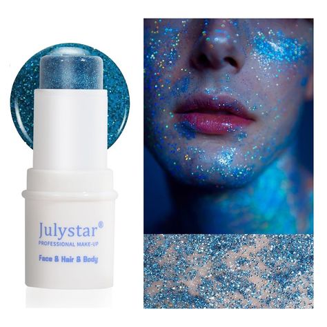 Blue Face Makeup, Stick Packaging, Lip Glitter, Iridescent Makeup, Glitter Stick, Mermaid Face, Artsy Makeup, Gel Makeup, Blue Spirit