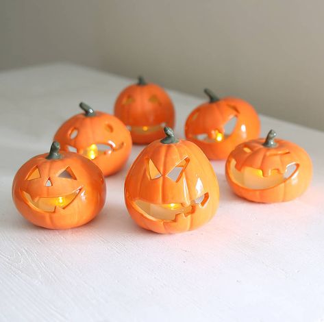 Pumpkin Tealights Autumn Pottery, Pumpkin Tea Lights, Battery Tea Lights, Scary Characters, Childrens Rooms, Halloween Clay, Halloween Characters, Ceramic Pumpkin, Magical Gift