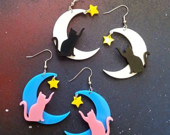 Silly Earrings, Moon Acrylic, Tidy Cats, Weird Jewelry, Cat Moon, Moon Cat, Clay Dangle Earrings, Celestial Earrings, Dragon Earrings