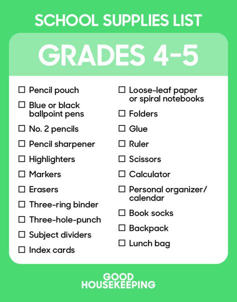 If you want to send your fourth and fifth graders back to school with the right stuff, just print out this convenient shopping list or order it all online. Click through for links to our recommended products and other back-to-school supply lists for different age groups. School Supplies List Elementary, School Supplies Diy Notebook, School Shopping List, School Supplies Highschool, School Checklist, Book Socks, College School Supplies, School Supplies Organization, School Supplies List