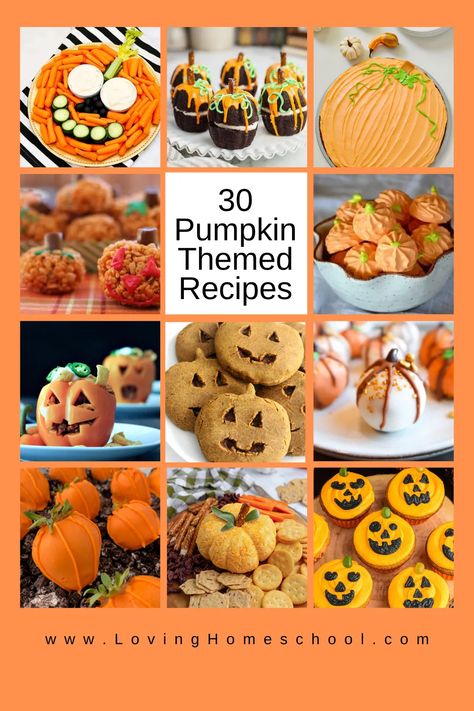 These 30 Pumpkin Themed Recipes will be great fun for a Halloween party or any pumpkin themed party! Sweet and Savory options! Pumpkin Theme Food, Pumpkin Themed Food, Savory Halloween Food, Halloween Veggie Tray, Pumpkin Pretzels, Sour Cream Sugar Cookies, Themed Recipes, Pumpkin Delight, Halloween Breakfast