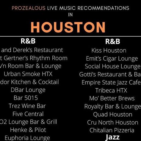 Prozealous, LLC on Instagram: "Updated List!!! Follow @prozealousllc for daily live music recommendations!🎶🎤🎼" Houston Vibes, Houston Spots, Houston Activities, Houston Vacation, Houston Nightlife, Houston Foodie, Houston Travel, Miami Travel Guide, Visit Houston