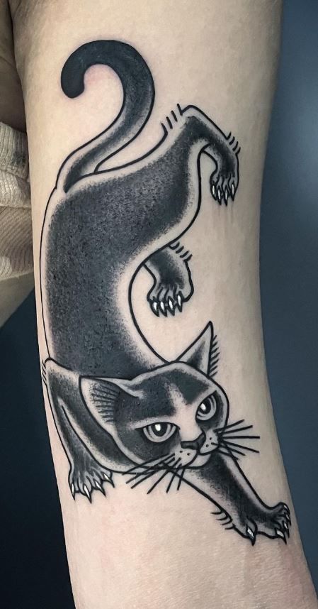 Old Style Tattoos, Back Of Leg Tattoos, Black Panther Tattoo, Traditional Black Tattoo, Traditional Tattoo Inspiration, Tattoo Me, Traditional Style Tattoo, Black Cat Tattoos, Panther Tattoo