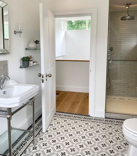 Claire Murray on Instagram: “We all love a before and after photo don’t we? This is the other side of the bathroom with the curved ceiling at the top of our house. Fired Earth Patisserie Sucre victorian floor tiles and Aurora Levi glass wall tiles in the shower.” Fired Earth Bathroom, Curved Ceiling, Victorian Floor Tiles, Victorian Floor, Fired Earth, Wood Flooring, Interior Projects, Floor Tiles, Our House