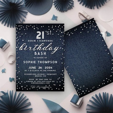 $2.98 | Denim Diamonds Glitter Modern 21st Birthday Party | Birthday Invitations | denim and diamonds, elegant stylish classy, sparkling sparkle, bokeh lights, shimmering shimmers, glitter glittering, gold silver diamond bling, 21st birthday, milestone birthday, blue navy Denim Background, Chic Birthday Party, 60th Birthday Party Invitations, 30th Birthday Party Invitations, Wishes For Daughter, 40th Birthday Party Invites, 50th Birthday Party Invitations, 21st Birthday Party, Chic Birthday