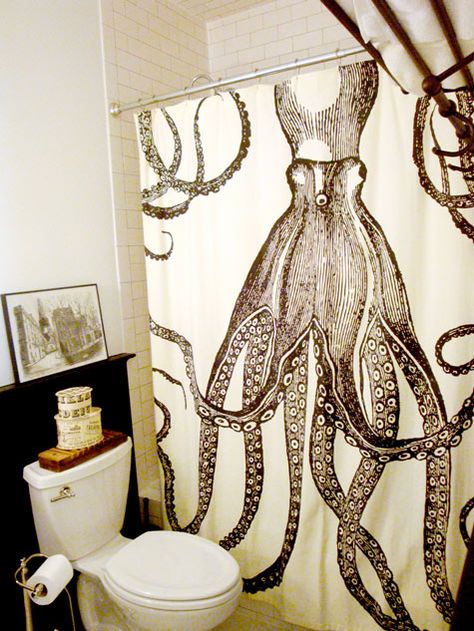 Octopus shower curtain...oh yes...kids bathroom. Steampunk Bathroom, Steampunk House, Cool Shower Curtains, Nautical Bathrooms, Boys Bathroom, Design Sponge, Kids' Bathroom, Bathroom Inspiration, Decoration Design