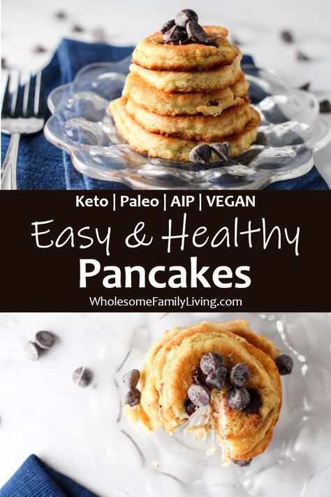 Click to learn how to make the EASIEST pancakes ever! Only 3 ingredients are required to make these pancakes! #easy #pancakes #keto #paleo #aip #vegan #breakfast #healthy #simple #wholesomefamilyliving Aip Vegan, Aip Diet Recipes, Aip Breakfast, Autoimmune Paleo Diet, Autoimmune Recipes, Autoimmune Paleo Recipes, Dinner Vegetarian, Aip Paleo Recipes, Healthy Pancakes