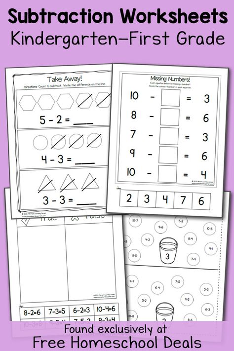 Subtraction Worksheets for Kindergarten - First Grade: 4-page set Homeschool Worksheets Free, Lauren Hill, Learning Corner, Math Subtraction, Homeschool Worksheets, Homeschool Freebies, Subtraction Worksheets, Homeschool Kindergarten, Summer Learning