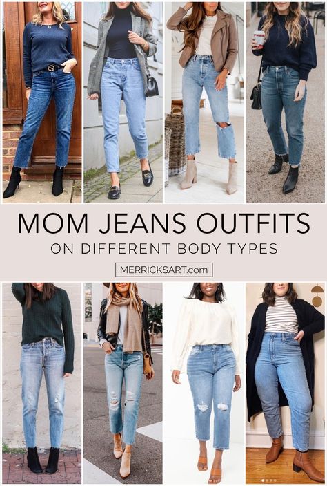 Mom Jeans Outfits: 4 Ways to Style Mom Jeans | Merrick's Art Fall Mom Jeans Outfit Casual, What To Wear With Mom Jeans Summer, Mom Jeans Outfit Fall High Waist, What To Wear With Mom Jeans Winter, High Waisted Jeans Outfit Spring, Weekend Jeans Outfit Casual, Mom Jeans Office Outfit, How To Wear Mom Jeans Outfits, High Waist Mom Jeans Outfits