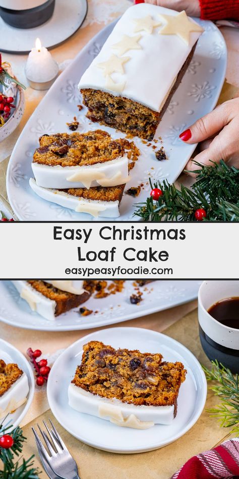 Need a smaller Christmas cake this Christmas? Or want to make Christmas cakes as gifts? Or do you just want a Christmas cake that is easy to make and easy to slice? Either way, this Easy Christmas Loaf Cake recipe is your answer… ready in 1 hour 30 minutes, it requires just a handful of simple ingredients, and can be decorated and served on the same day you make it! #christmascake #christmasloaf #christmasloafcake #loafcake #christmasbaking #christmasgifts #easychristmasrecipes #easypeasyfoodie Christmas Cake Easy Recipe, Loaf Tin Christmas Cake, Easy Christmas Baking Recipes Simple, Christmas Cake Loaf, Christmas Loaf Cakes, Small Christmas Cakes, Small Christmas Cake Recipe, Simple Christmas Cakes, Christmas Cake Ideas Easy