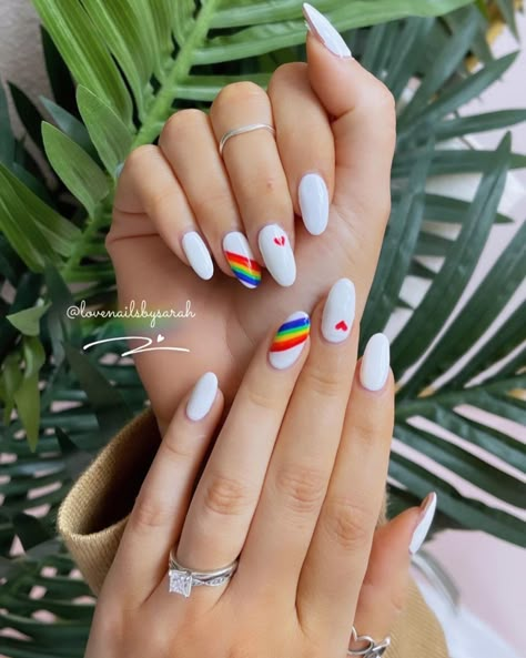 Pride Nails Designs Almond Shape, Pride Nails Designs Almond, White Nails With Rainbow Designs, Pride Month Nails Simple, Pride Month Nails 2024, Pride Manicure Ideas, Nail Inspo Pride, White And Rainbow Nails, Pride Themed Nails