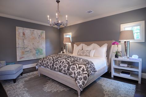 Coventry-Gray-HC-169-on-Maria-Killam, a gray with enough density to show off artwork, but soft enough for a bedroom. Pillow Layout, Grey Bedroom Walls, Bedroom Accent Wall Ideas, Bedroom Bedding Ideas, Bedroom Accent Wall, Best Gray Paint, Design Ložnic, Accent Wall Ideas, Bedroom Bedding