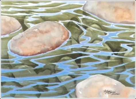 Clear Water Painting, Painting Water In Watercolor, How To Watercolor Water, How To Color Water, Watercolor Water Tutorial, How To Paint Water With Watercolors, Watercolour Rocks, Water In Watercolor, Watercolor Samples