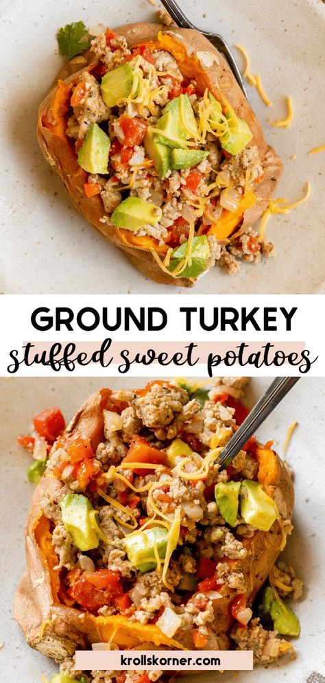 Sweet Potato Recipes For Thanksgiving, Potato Recipes For Thanksgiving, Recipes Peppers, Ground Turkey Dinner, Healthy Sweet Potato Recipes, Stuffed Sweet Potato, Turkey Meat, Health Dinner, Easy Weeknight Dinner