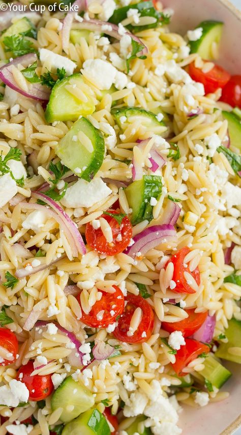 Best Orzo Pasta Salad, Orzo Arugula Salad, Orzo Arugula, Orzo Pasta Salad Recipe, Cup Of Cake, Orzo Dishes, Greek Orzo Salad, Orzo Salad Recipes, Orzo Pasta Salad