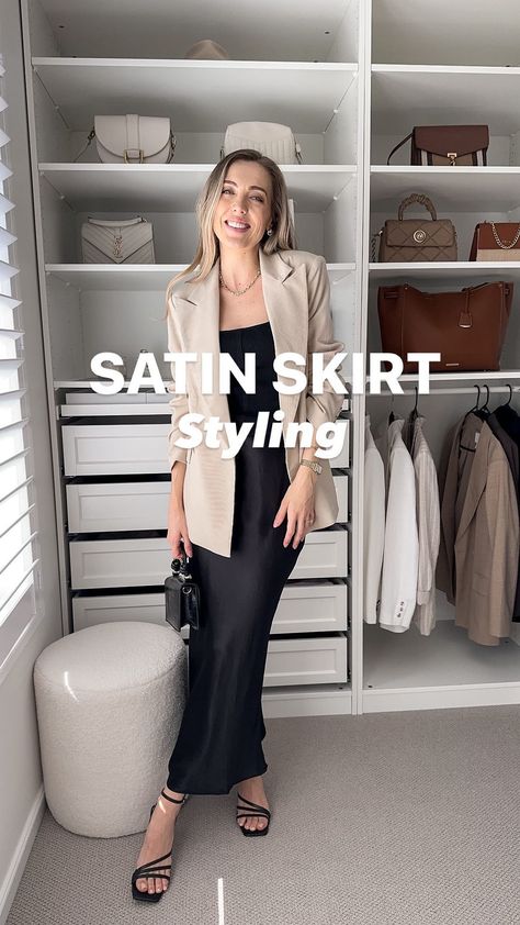 Tori Jane ✨ | Satin skirt styling: SAVE these 4 easy outfit combinations using capsule pieces 🖤 A satin skirt is a a perfect trans-seasonal piece to... | Instagram Satin Skirt Doc Martens, Slip Skirt With Blazer, Champagne Skirt Outfit Winter, Silk Skirt And Blazer Outfit, Black Satin Skirt Outfit Work, Navy Silk Skirt Outfit, Black Satin Skirt Outfit Party, Silk Black Skirt Outfit, Navy Satin Skirt Outfit