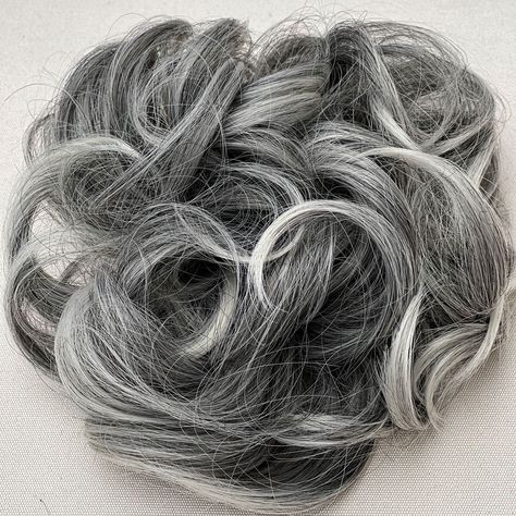 Fake Hair Buns, Curly Hair Bun, Bun Scrunchie, Grey Hair Extensions, Grey Hair Pieces, Messy Curly Hair, Pepper Hair, Hair Shade, Trendy Updos