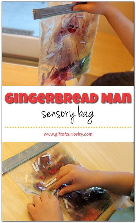 Gingerbread man sensory bag: A great Christmas sensory play idea. Fill a plastic bag with gel and several small items like googly eyes and buttons for making a gingerbread man. Kids will think this is a puzzle, and it provides their fine motor skills a great workout too! || Gift of Curiosity Christmas Sensory Play, Gingerbread Man Preschool, Rain Stick Crafts, Gingerbread Unit, Christmas Sensory, Gingerbread Man Activities, Gingerbread Activities, Gingerbread Baby, Sensory Bag