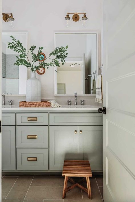 Tour this absolutely inspiring California casual style home in Oklahoma Mint Green Bathrooms, California Casual Style, Green Bathroom Vanity, Transitional Decor Bathroom, Green Vanity, Transitional Bathroom, Home Gallery, Shaker Cabinets, California Casual