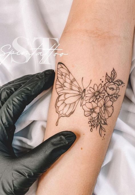 Butterfly Flowers Tattoo, Butterfly With Flowers Tattoo, Butterfly Tattoos On Arm, Simple Forearm Tattoos, Tattoo Artist Tattoo, Flower Wrist Tattoos, Butterfly Tattoos For Women, Artist Tattoo, Forearm Tattoo Women