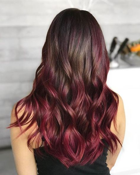 Hair Color Ideas Strands, Low Maintenance Fashion Hair Color, Brunette Balayage Hair With Red, Dyed Brown Hair Ideas Colour, Red Tip Dyed Hair, Best Low Maintenance Hair Color, Coffee Hair Color Balayage, Brown Hair Purple Balayage, Low Maintenance Hair Dye Ideas