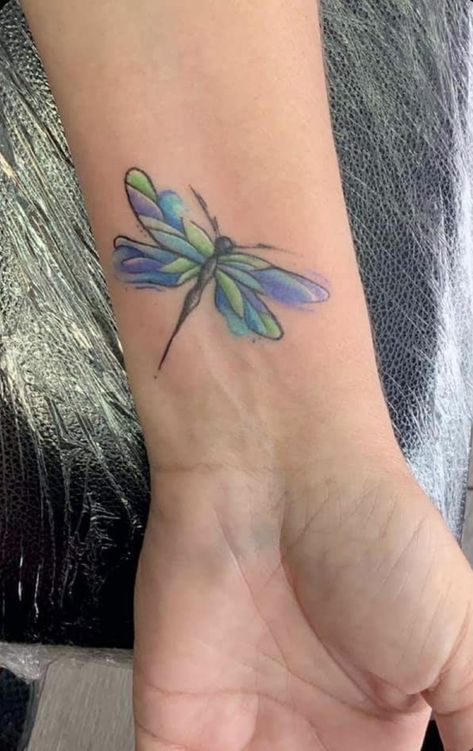 Small Colorful Dragonfly Tattoos, Dragon Fly Tattoo Watercolor, Dragonfly Ladybug Tattoo, Watercolor Dragonfly Tattoo For Women, Small Dragonfly Tattoo Color, 2 Dragonfly Tattoo Design, Dragonfly With Lotus Tattoo, Dragonfly Daisy Tattoo, Dainty Dragonfly Tattoo For Women