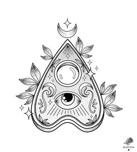 Easy Shading Tattoo Ideas, Pagan Chest Tattoo, Ouija Planchette Tattoo Design, Quija Board Tattoo, Spell Book Tattoo Design, Small Planchette Tattoo, Planchet Tattoo, Magic Circle Tattoo, Fae Offerings