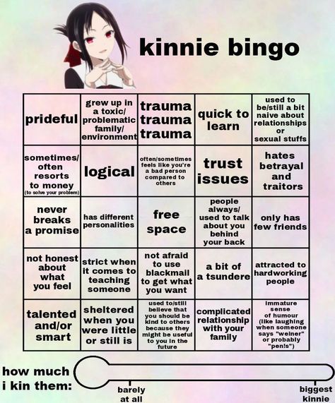 Kinnie Bingo Junko Kinnie Bingo, Honami Mochizuki Kinnie Bingo, Homura Kinnie Bingo, Anime Kinnie Bingo, Mha Kinnie Bingo, Kin Bingo, Fun Templates, Kinnie Bingo, Kaguya Shinomiya