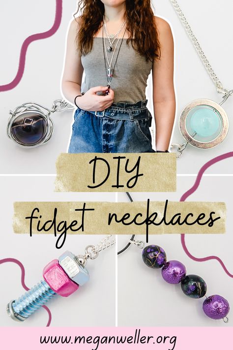 How to make Fidget Necklaces! In this video you will learn how to make four necklaces inspired by the “fidget toy” trend. These necklaces use common jewelry supplies from Michael’s, and a few things from your local hardware store. Sensory Bracelet Diy, Jewelry Crafts For Boys, Jewelry Made From Hardware, Fidget Spinner Necklace Diy, Elementary Jewelry Making, Fidget Bracelets Diy, Quiet Fidget Toys, How To Make A Fidget Bracelet, Fidget Bracelet Diy Beads