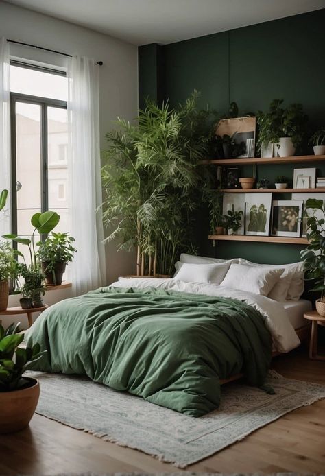 Dark Green And White Bedroom Ideas, Small Bedroom With Plants, Bedroom Green Aesthetic, Bedroom Green Walls, Green Aesthetic Bedroom, Apartment Room Ideas, Green Bedroom Decor Ideas, Small Corner Decor, Couple Bedroom Ideas