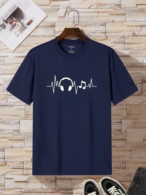 Navy Blue Casual Collar Short Sleeve Fabric Graphic  Embellished Medium Stretch Summer Men Tops Men's Tshirt Design, Minimal Shirt Design, T Shirt Logo Design, Shirt Logo Design, Trendy Shirt Designs, Stylish Letters, Shirt Design Inspiration, Mens Casual Dress Outfits, Mens Sweatshirts Hoodie