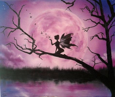 Moonlight Fairy, Fairy Painting, Fairy Paintings, Simple Acrylic Paintings, Xmas Decor, Beginner Painting, Silhouette Art, Fairy Art, Pastel Art