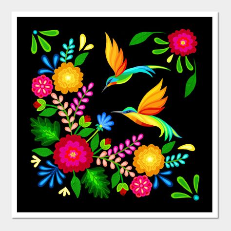 Inspired by beautiful Mexican art and embroidery, I created this pretty digital artwork. -- Choose from our vast selection of art prints and posters to match with your desired size to make the perfect print or poster. Pick your favorite: Movies, TV Shows, Art, and so much more! Available in mini, small, medium, large, and extra-large depending on the design. For men, women, and children. Perfect for decoration. Mexican Artwork Murals, Flowers And Hummingbirds, Mexican Folk Art Decor, Mexican Art Painting, Mexican Folk Art Painting, Mexican Artwork, Flowers Artwork, Mexican Flowers, Mexican Crafts